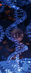 A Bitcoin entwined with digital DNA strands representing the genetic blueprint of cybersecurity in cryptocurrency