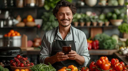 Zelfklevend Fotobehang Smiling Chef with Smartphone in Organic Kitchen © pixel78 Design