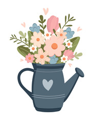 Spring flowers in a metal watering can isolated on white background. Spring bouquet. Vector illustration. Flat cute style.