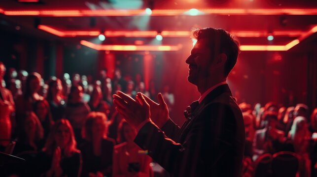 A prestigious award ceremony employees in formal attire receiving medals for outstanding contributions applause filling the room