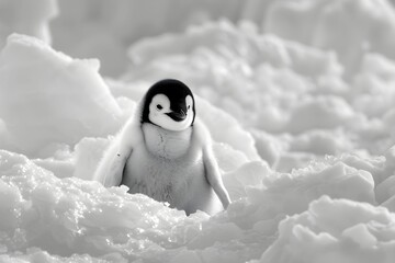 An adorable emperor penguin chick stands alone on the vast icy landscape, exuding curiosity and...