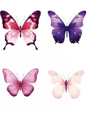 Four butterflies in varying colors – red, blue, yellow, and green – are displayed on a plain white background.