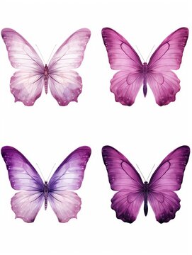 Four realistic purple butterflies are depicted on a clean white background, showcasing intricate details of their wings and delicate features.