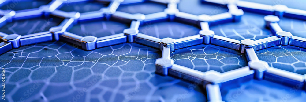 Poster scientific abstract of atom and molecular structures, blue hexagonal pattern representing nanotechno