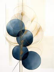 A painting featuring a series of blue and gold circles arranged on a white background, creating a visually striking pattern.