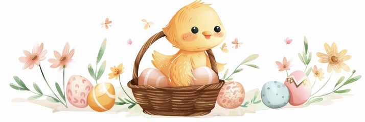 Cartoon chick in a cozy basket surrounded by eggs and flowers, Generative AI