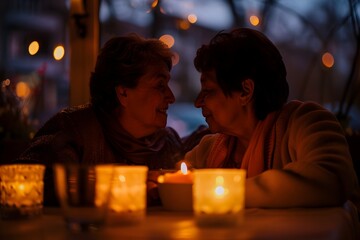 Two older women enjoying a conversation over candlelight creating a warm and romantic atmosphere, lgbtq