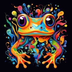 A vibrant, colorful frog is prominently displayed against a stark black background, creating a striking contrast in this printable wall art.