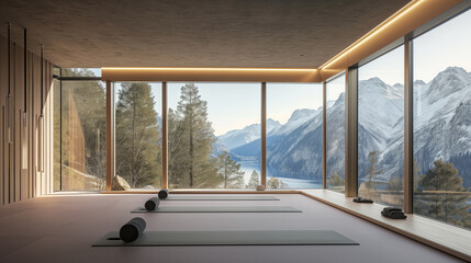 Yoga mats in serene room with sunset mountain view. Wellness and tranquility concept Generative AI