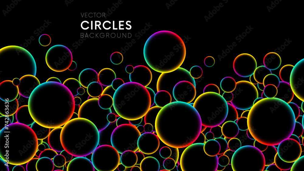Poster luminous floating balls shine with rainbow colors on black background. colorful rainbow random flyin