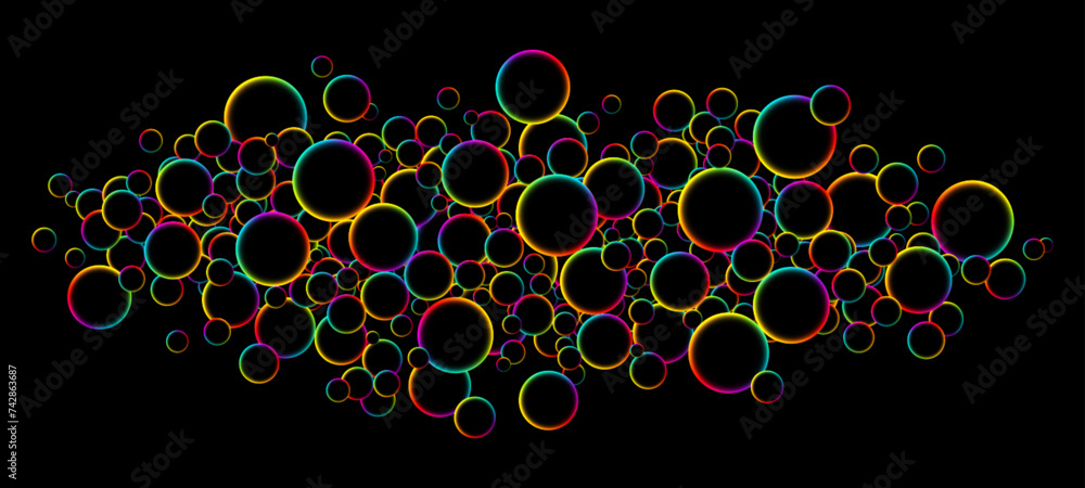 Poster fluorescent circle particles dynamic flow. luminous floating balls shine with rainbow colors on blac