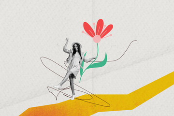 Collage picture of excited mini black white colors girl arm hold painted big flower dancing...