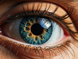 Extreme close-up of blue eye with detailed iris and prominent eyelashes. Generative AI