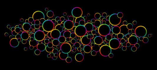 Fluorescent circle particles dynamic flow. Luminous floating balls shine with rainbow colors on black background. Colorful rainbow random flying glowing circles, spheres or bubbles. Vector background