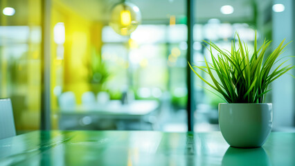 Office with green concept, closeup of plant pot on table with workspace atmosphere in blurred effect - obrazy, fototapety, plakaty