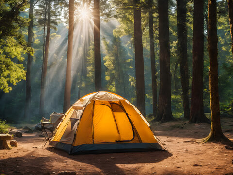 Camping tent in the pine forest with sunlight and foggy morning