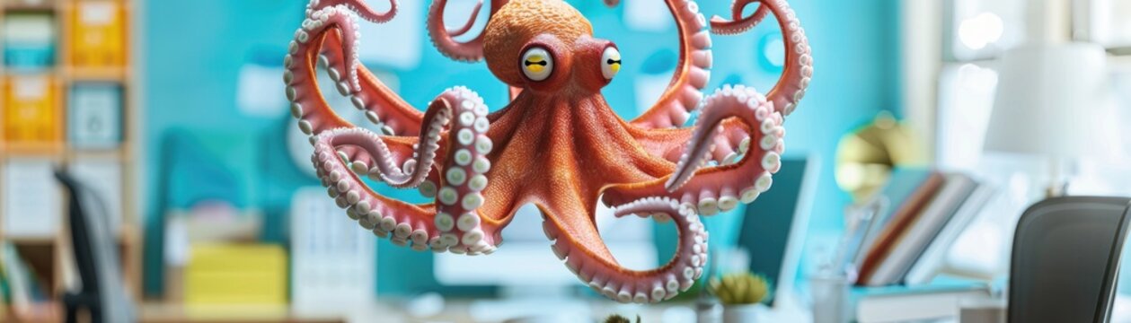 Smiling octopus as a multitasking office assistant juggling tasks busy office