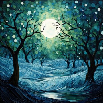 A painting depicting trees and water under a full moons glow. The moon shines brightly in the night sky, casting reflections on the peaceful water below.