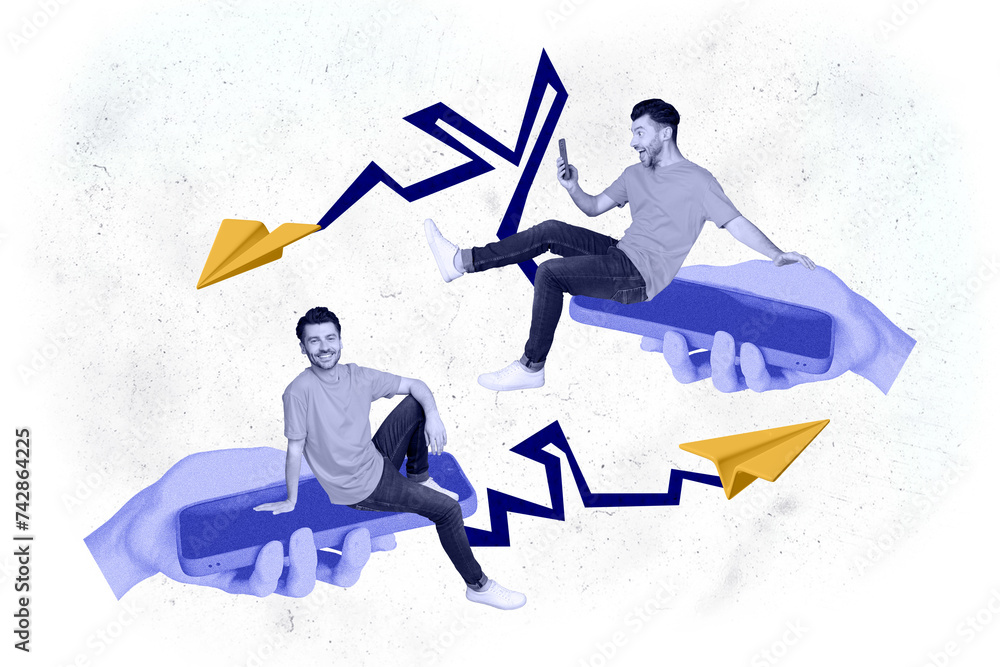 Poster composite collage of two guys using social media for impact audience sending sharing content message