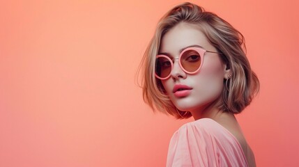 Portrait young lady girl wearing elegant fashion woman sunglasses, posing on light pastel peach...