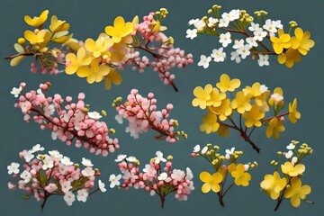 Set of small sprigs of yellow flowers of berberis thunbergii, pink chamelaucium and white gypsophila isolatedflower, nature, spring, tree, blossom, plant, 