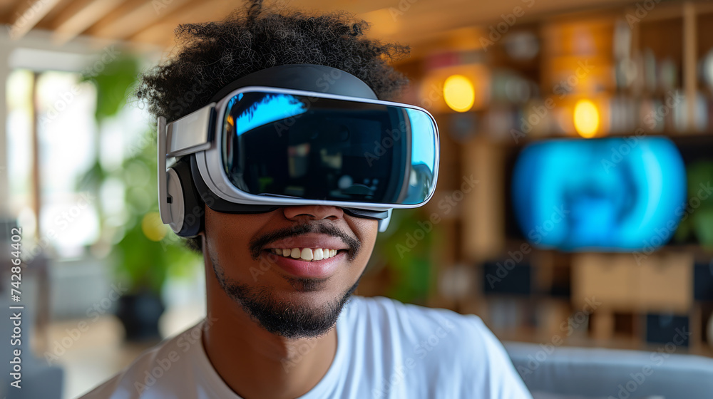 Poster a smiling man wearing vr goggles with a reflection of a screen on the goggles' lenses. ai generative