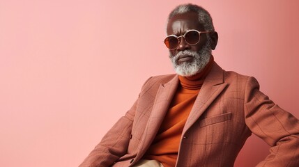 Studio fashion portrait's Fashionable confident senior man wearing elegant suit blazer, trousers,...