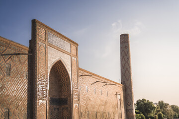 Eastern architecture of buildings, madrasahs, mausoleums and mosques made of brick and mosaic...