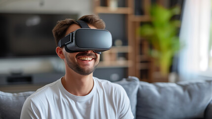A man wearing VR headset smiles while experiencing virtual reality at home. Ai generative - obrazy, fototapety, plakaty