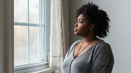 copy space, stockphoto, Plus size Black Woman standing in front of a window. Beautiful woman standing in front of a window in her home, watching outside. Big is beautiful. Body inclusive theme. Heavy  - Powered by Adobe