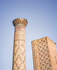 Eastern architecture of buildings, madrasahs, mausoleums and mosques made of brick and mosaic...