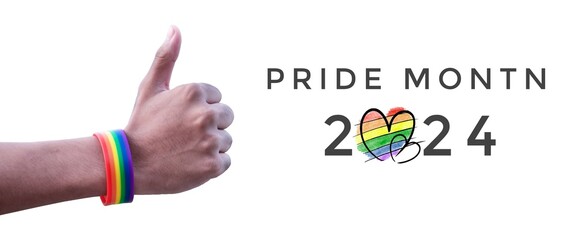 Pride Month 2024 and rignt hand which wearing rainbow wristband and thump up on white background,...