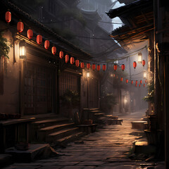 A quiet alleyway with hanging lanterns.