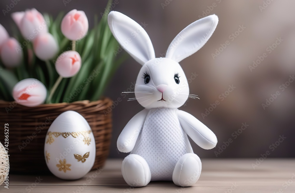 Wall mural Handmade white Easter bunny textile toy, DIY soft toy for decoration