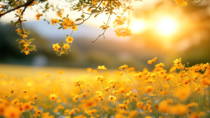 Golden Hour in the Wildflower Meadow. Sunlight filtering through vibrant yellow wildflowers at dusk.
