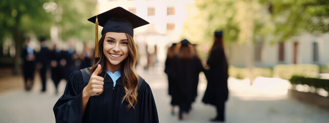 A happy European woman in graduation attire gives a thumbs up at a university ceremony. Ai generative illustration