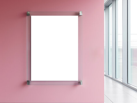 An empty glass poster on a pink wall near windows, ready for advertising with ample copy space. Ai generative illustration
