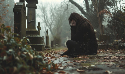 sad crying woman sit on the ground in front of loved grave stone.