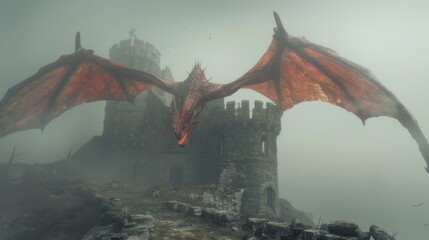 ferocious red dragon with scales stands on top of an abandoned run down castle in a foggy morning with its wings spread and mouth spread with fire coming out of it
