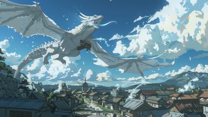 small flying white scaled dragon breathing ice breath down upon a village, a fight scene straight out of an anime, done in an anime art style