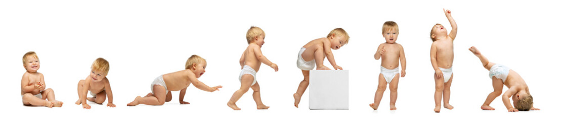 Banner. Collage made of portraits cute active little baby in diaper against white studio...