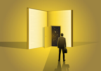 a businessman standing in front of a huge book with open door