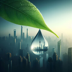 Balance between human progress and the nature. A city skyline reflected in a dewdrop clinging to a leaf - obrazy, fototapety, plakaty
