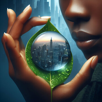 Balance between human progress and the nature. A city skyline reflected in a dewdrop clinging to a leaf