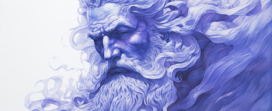 Monochromatic blue illustration of a godly figure, exuding wisdom and power, with flowing beard and hair