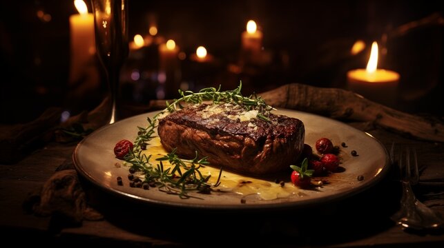 Juicy beef tenderloin steak with savory butter and aromatic herbs on elegant dark background