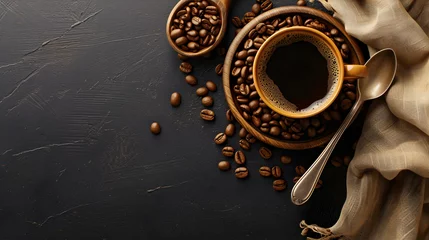 Zelfklevend Fotobehang Coffee cup and coffee beans on dark background, spoon, top view © CHALERMCHAI