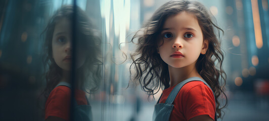 sad little girl in big city, towering buildings, glass walls, ai generative