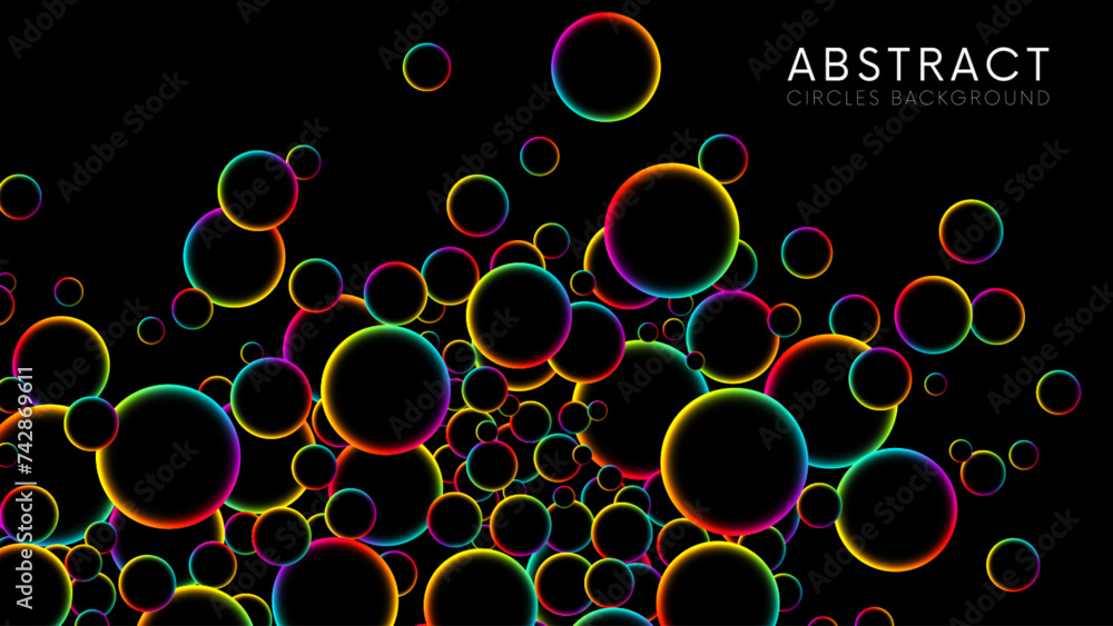 Poster luminous floating balls shine with rainbow colors on black background. colorful rainbow random flyin
