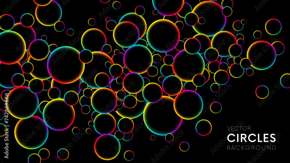Poster colorful rainbow random flying glowing circles, spheres or bubbles. luminous floating balls shine wi